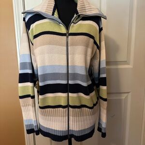 Striped Full-Zip Women’s Sweater Jacket - Cream, Blue & Green